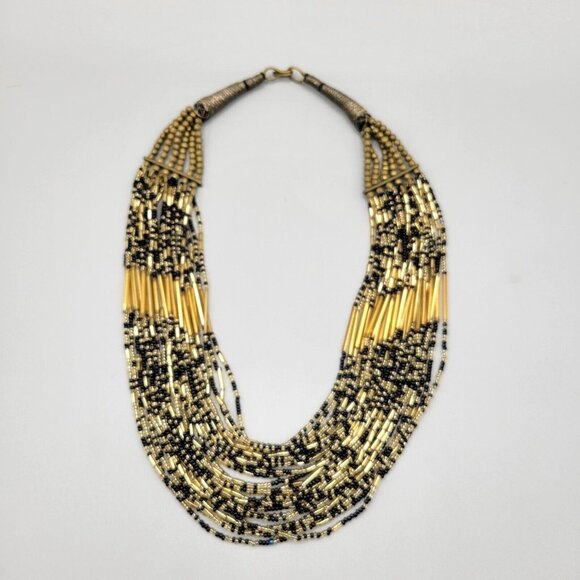 Multi-Strand Bib Necklace Glass Beads Gold Black Single Blue Bead - Picture 1 of 8